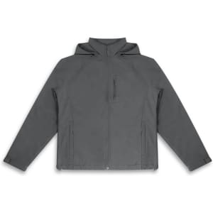 A grey soft shell jacket with a hood, featuring zippered pockets and a branded logo.