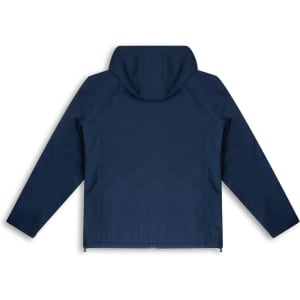 A navy blue soft shell jacket with a hood, featuring a logo. The jacket has a smooth, streamlined design.