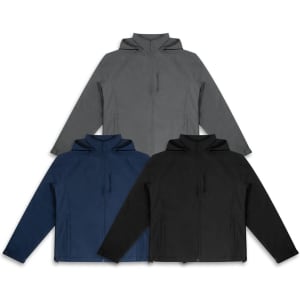 Three soft shell jackets in grey, navy, and black, featuring hoods and zippered front pockets, with a logo.