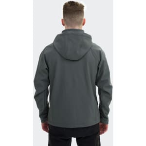 A men's soft shell jacket in a dark grey colour, featuring a hood and a logo.