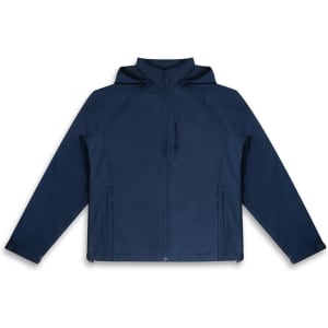 A navy blue soft shell jacket featuring a hood and zippered pockets, with a logo on the front.