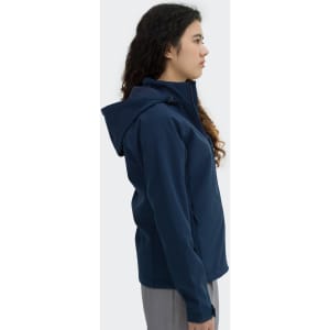 A navy soft shell jacket with a hood, featuring a sleek design and a fitted silhouette.