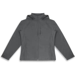A grey soft shell jacket with a hood, featuring a zip front and a chest pocket. Includes a logo.