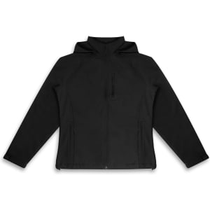 A black soft shell jacket featuring a hood, zippered front, and a chest pocket. Includes a branding logo.