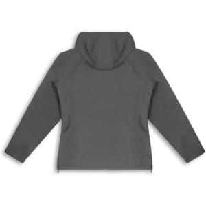 A soft shell jacket in grey with a hood, featuring a sleek design and a logo.