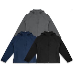 A collection of TRENDSWEAR Harper women's soft shell jackets in grey, navy, and black, featuring hoods and zippers.