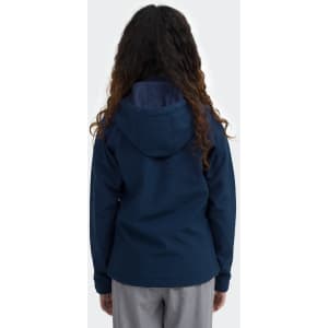 A navy soft shell jacket with a hood, featuring a logo, viewed from the back on a model.
