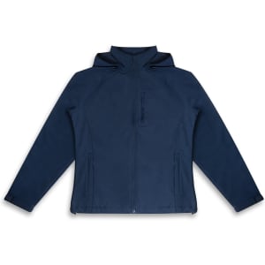 A navy blue soft shell women's jacket featuring a hood, zip pockets, and a branded logo.