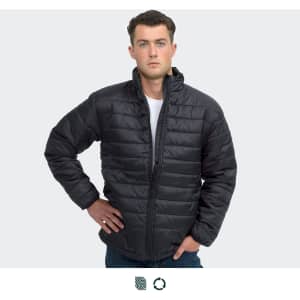 A unisex black puffer jacket featuring a zip-up front and a stand collar, with a logo present.