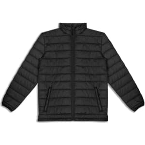 A black unisex puffer jacket with a zip front, featuring vertical quilted patterns and side pockets.