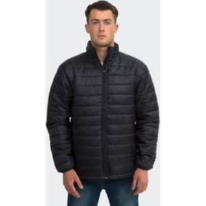 A black unisex puffer jacket with a zip front and long sleeves, featuring a logo on the chest.