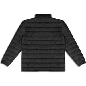 A black unisex puffer jacket with a quilted design and a high collar, featuring a logo.