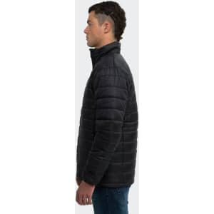 A puffer jacket in black worn by a man, featuring a high collar and a streamlined silhouette.