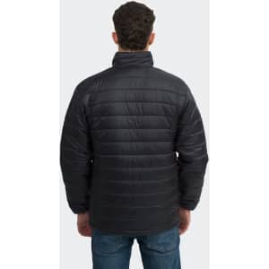 A black unisex puffer jacket viewed from the back, featuring a high collar and a simple design.