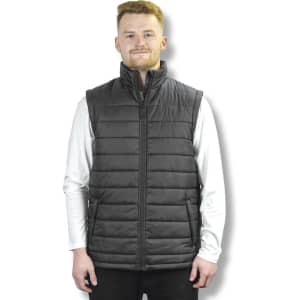 A unisex puffer vest in charcoal grey, featuring a high collar and a zipped front, worn by a model.