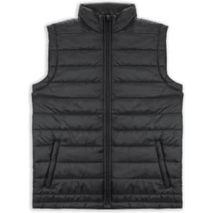 A black unisex puffer vest with a high collar and zip closure, featuring a logo on the front.