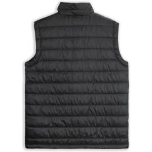 A unisex puffer vest in black with a quilted design and a high collar. It features a branding logo.