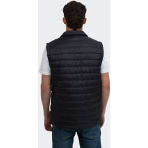 A unisex black puffer vest, featuring a quilted design and a collar, viewed from the back.