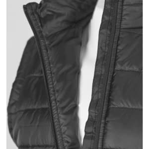 A black unisex puffer vest with a zip, featuring a quilted design and a logo.