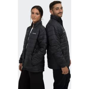 A black puffer jacket featuring a logo, worn by two people standing back to back.