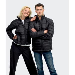 A black puffer jacket is worn by both a woman and a man, posing together with smiles. The jackets feature a branding logo.