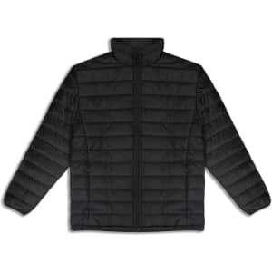 A black puffer jacket with a zip front and a simple design. It features a branding logo on one side.