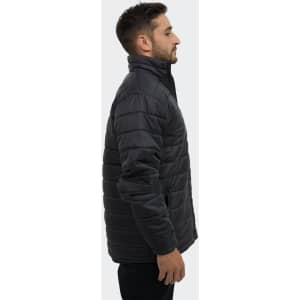 A men's puffer jacket in dark grey, featuring a stand-up collar and a side view of the design.