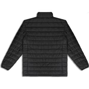 A black puffer jacket with a quilted design and a high collar, featuring a logo on the back.