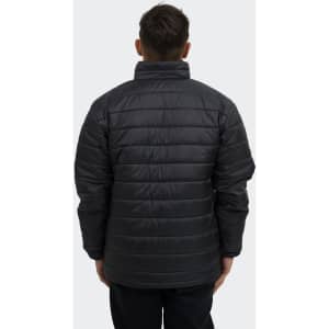 A black puffer jacket with a standing collar, viewed from the back. Features a logo on the sleeve.