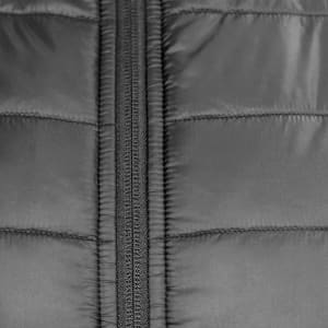 A black puffer jacket featuring a zip closure, showcasing its quilted texture and insulation design.