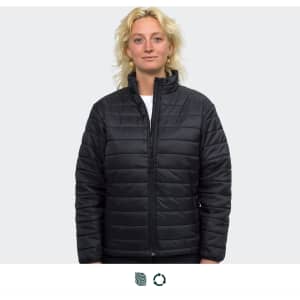A black puffer jacket with a zip front and high collar on a model with blonde hair. The jacket features a logo.