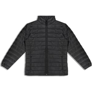 A black women's puffer jacket featuring a zip-up front and two side pockets, with a stylish, lightweight design.