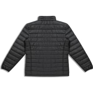 A black women's puffer jacket featuring a horizontal quilted design and a high collar, with a logo on the back.