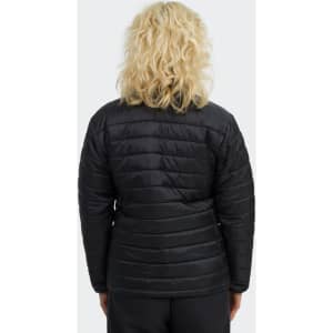 A women's puffer jacket in black, featuring a horizontal quilted design, shown from the back.
