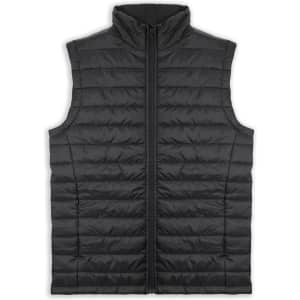 A black puffer vest featuring a zip front and a high collar. The vest has a quilted pattern and includes branding.