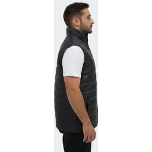 A men's puffer vest in black, featuring a zip closure and a sleek, modern silhouette. It has a logo on the side.