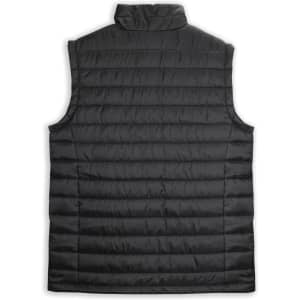 A black men's puffer vest with a high collar and quilted texture, featuring a logo on the back.