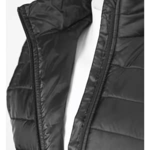 A black puffer vest featuring a zip front, with a close-up view of the collar and stitching details.
