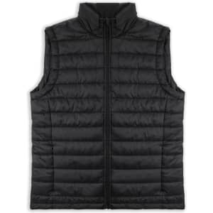A black puffer vest with a high collar and zip closure, featuring a logo on the front.