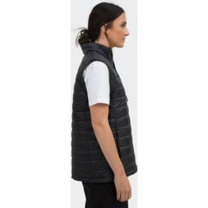 A side view of a women's black puffer vest with a hood, featuring a smooth quilted design.