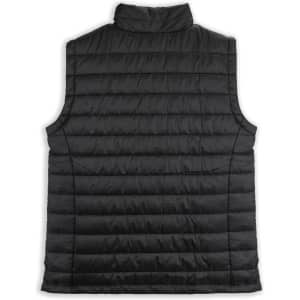 A black puffer vest featuring a high collar and quilted design, with no sleeves and a brand logo.