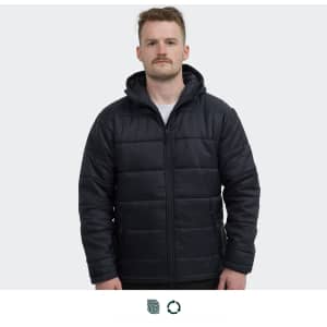 A black puffer jacket with a hood, featuring a zip-up front and side pockets, worn by a model.