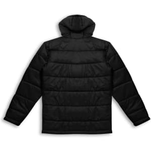 A black puffer jacket with a hood, featuring a quilted design and long sleeves. It has a logo on the back.