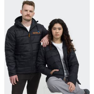 Two models wearing black puffer jackets, one with a hood, posing against a neutral background.