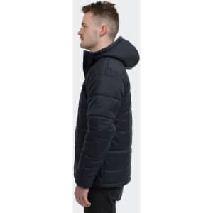 A man wearing a navy puffer jacket with a hood, displayed in a side view. The jacket has a logo on it.