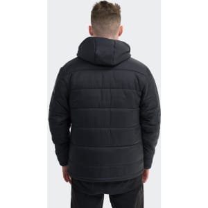 A black puffer jacket featuring a hood, viewed from the back. The fabric has a quilted design.