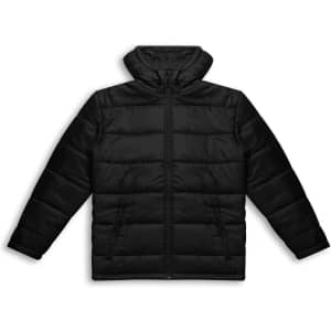 A black puffer jacket featuring a high collar and zip closure, with a branding logo.