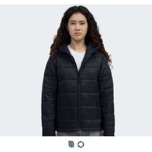 A black puffer jacket with a hood, featuring a zip front and a logo on the left side.