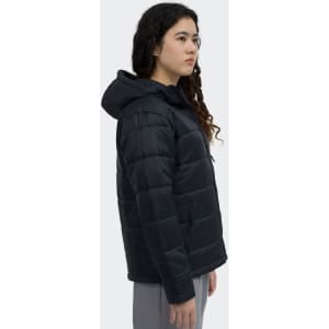 A black puffer jacket with a hood, featuring a quilted design and a side view of a model wearing it.