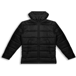 A black women's puffer jacket with a zip front and a hood, featuring a logo.